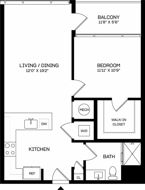 Floor plan for 1 bed, 1 bath, 715 sqft